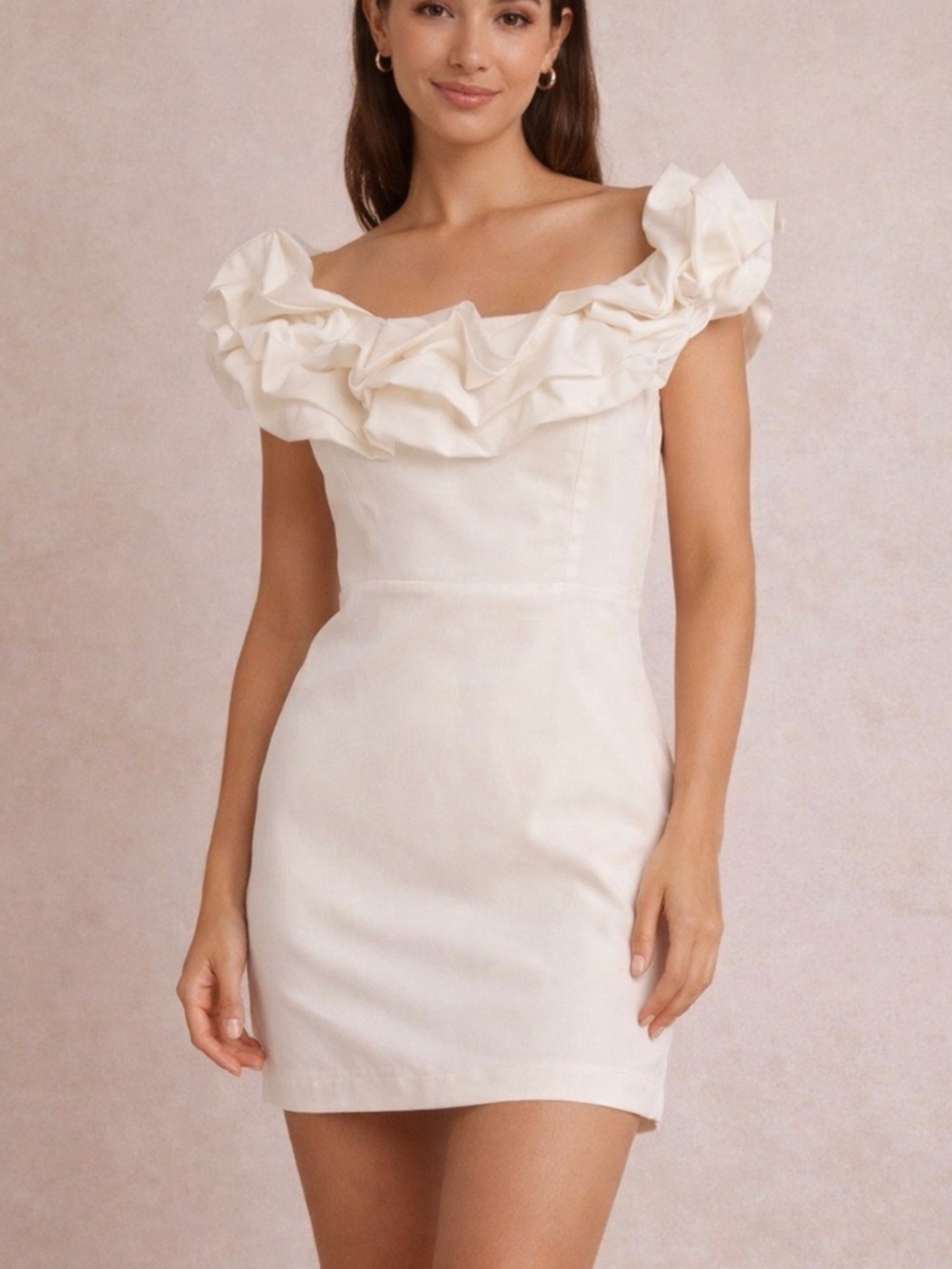 DO+BE Ivory Off-The-Shoulder Ruffle Mini Dress Womens L Graduation Bridal Shower